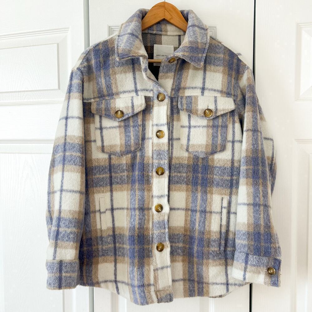 Avec Les Filles Purple White Plaid Shacket Jacket Button Up EUC Size Medium